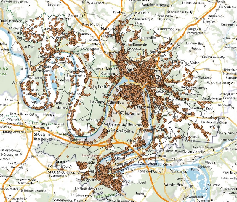 Représentation cartographique des bâtiments en brique manufacturée sur la Métropole Rouen Normandie